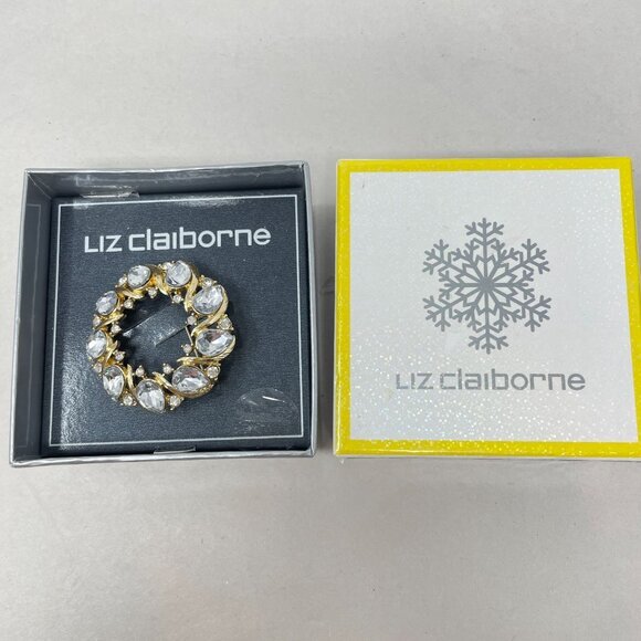 Liz Claiborne Clear Rhinestone Wreath Brooch Gold-Tone Classic Holiday Gift - Picture 5 of 8